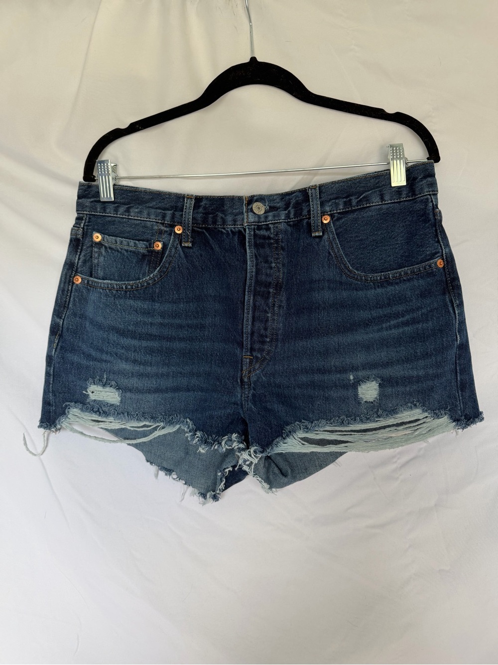 Levi's Dark Blue Frayed Hem Distressed Jean Shorts